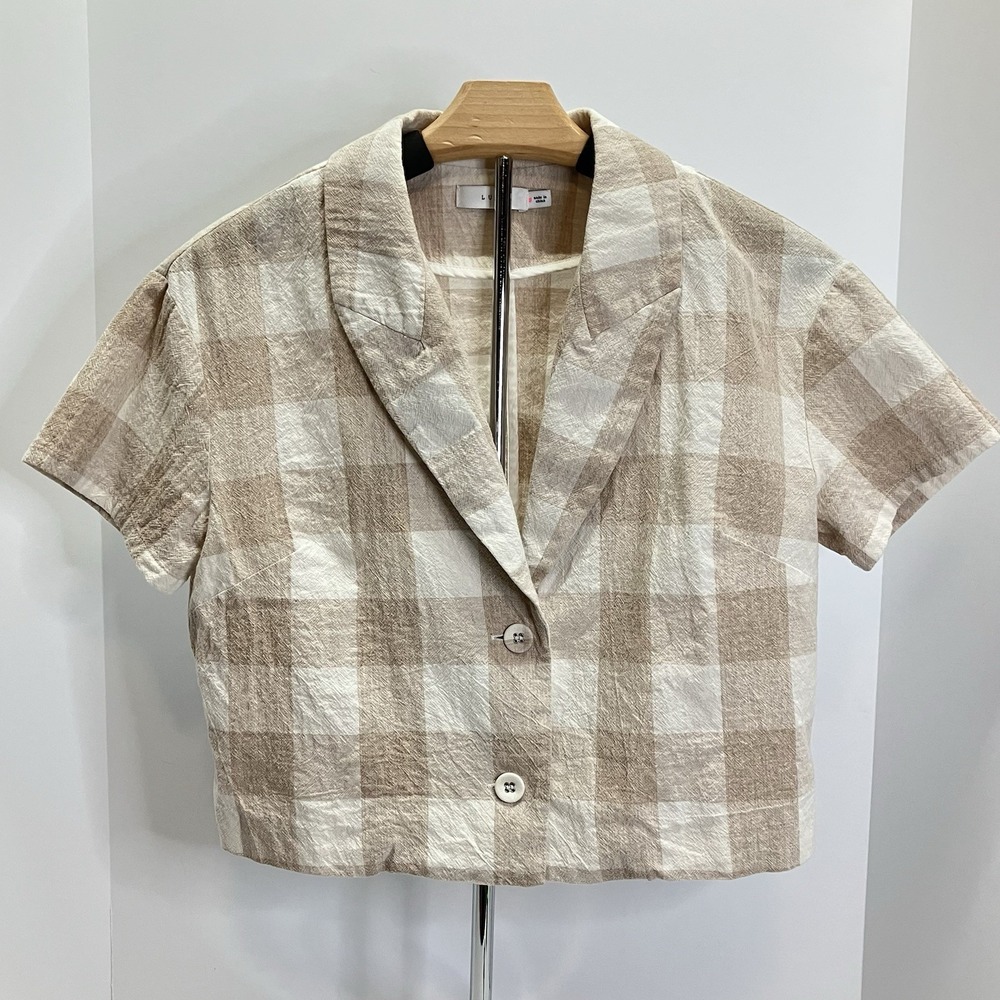 LUSH Womens Tan White Plaid Checked‎ Gingham Crop Short Slv Button Shirt Size S